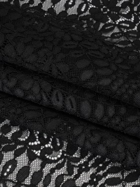 Corded Lace Panel with Finished Edges – Black Flowers and Leafy Vines Corded Lace Panel with Finished Edges – Black Flowers and Leafy Vines