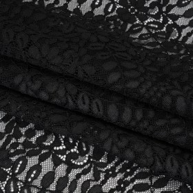 Corded Lace Panel with Finished Edges – Black Flowers and Leafy Vines Corded Lace Panel with Finished Edges – Black Flowers and Leafy Vines