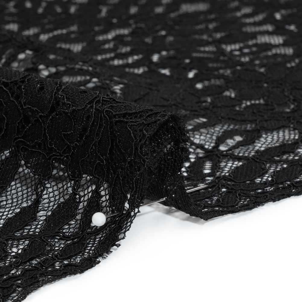 Corded Lace Panel with Finished Edges - Black Flowers and Leafy Vines