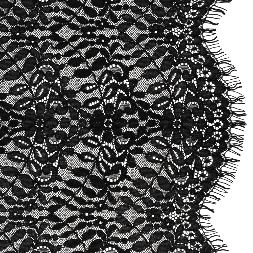 Corded Lace Panel with Finished Edges – Black Flowers and Leafy Vines Corded Lace Panel with Finished Edges – Black Flowers and Leafy Vines