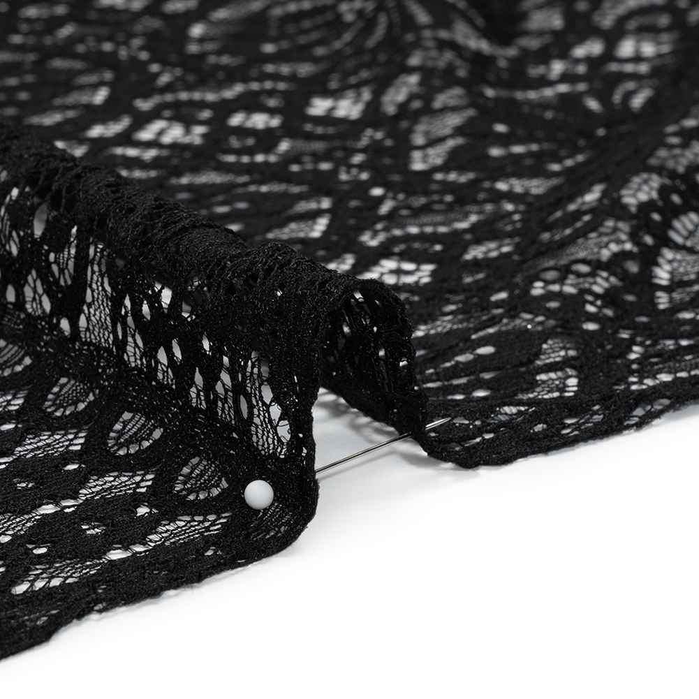 Corded Lace Panel with Scalloped and Fringed Finished Edges - Black Flower Medallions and Abstract Stripes