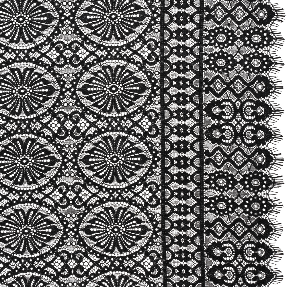 Corded Lace Panel with Scalloped and Fringed Finished Edges – Black Flower Medallions and Abstract Stripes Corded Lace Panel with Scalloped and Fringed Finished Edges – Black Flower Medallions and Abstract Stripes
