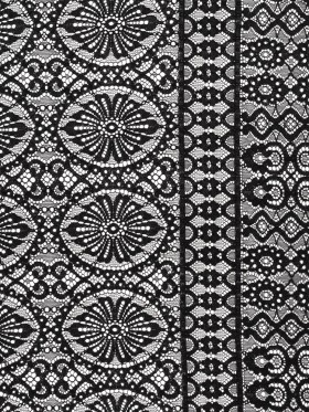 Corded Lace Panel with Scalloped and Fringed Finished Edges – Black Flower Medallions and Abstract Stripes Corded Lace Panel with Scalloped and Fringed Finished Edges – Black Flower Medallions and Abstract Stripes