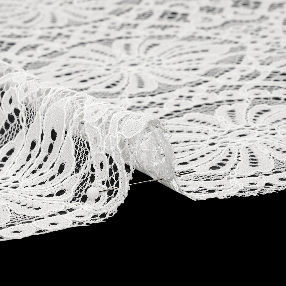 Corded Lace Panel with Scalloped and Fringed Finished Edges - Ivory Flower Medallions and Abstract Stripes