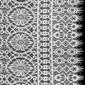 Corded Lace Panel with Scalloped and Fringed Finished Edges – Ivory Flower Medallions and Abstract Stripes Corded Lace Panel with Scalloped and Fringed Finished Edges – Ivory Flower Medallions and Abstract Stripes