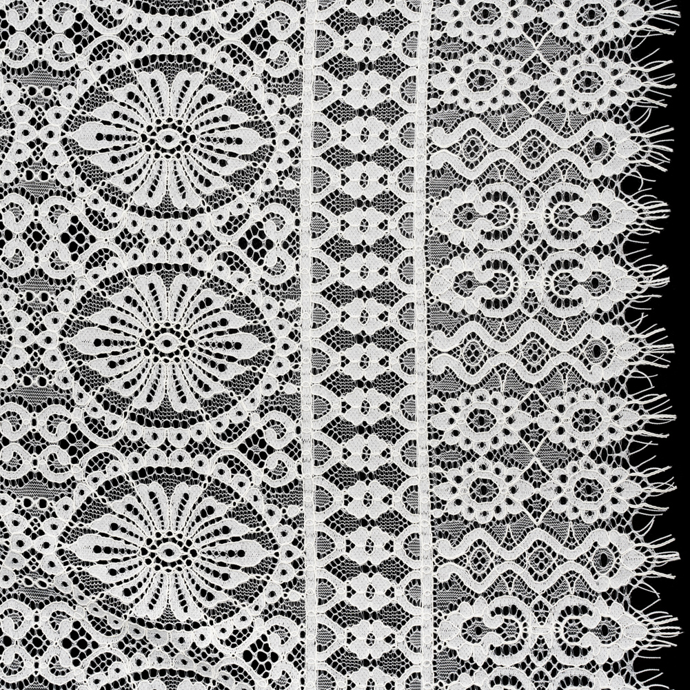 Corded Lace Panel with Scalloped and Fringed Finished Edges – Ivory Flower Medallions and Abstract Stripes Corded Lace Panel with Scalloped and Fringed Finished Edges – Ivory Flower Medallions and Abstract Stripes