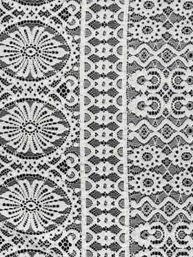 Corded Lace Panel with Scalloped and Fringed Finished Edges – Ivory Flower Medallions and Abstract Stripes Corded Lace Panel with Scalloped and Fringed Finished Edges – Ivory Flower Medallions and Abstract Stripes