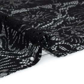 Metallic Raschel Lace Panel with Finished Edges – Black and Silver Bold Florals Metallic Raschel Lace Panel with Finished Edges – Black and Silver Bold Florals