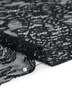 Chantilly Lace Panel with Scalloped Finished Edges – Black Flowers and Leaves Chantilly Lace Panel with Scalloped Finished Edges – Black Flowers and Leaves