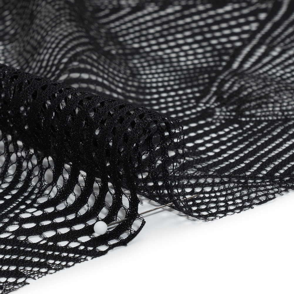 Metallic Raschel Lace Panel with Finished Scalloped Edges - Black Fans