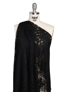 Re-Embroidered Stretch Lace with Finished Edges – Black Blossom Trios and Leaves – Tatiana Collection Re-Embroidered Stretch Lace with Finished Edges – Black Blossom Trios and Leaves – Tatiana Collection