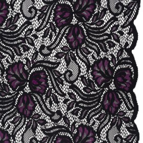 Re-Embroidered Stretch Lace with Finished Edges – Black and Dahlia Purple Blossom Trios and Leaves – Tatiana Collection Re-Embroidered Stretch Lace with Finished Edges – Black and Dahlia Purple Blossom Trios and Leaves – Tatiana Collection