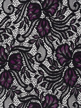 Re-Embroidered Stretch Lace with Finished Edges – Black and Dahlia Purple Blossom Trios and Leaves – Tatiana Collection Re-Embroidered Stretch Lace with Finished Edges – Black and Dahlia Purple Blossom Trios and Leaves – Tatiana Collection