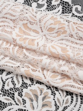 Re-Embroidered Stretch Lace with Finished Edges – Ivory and Appleblossom Beige Blossom Trios and Leaves – Tatiana Collection Re-Embroidered Stretch Lace with Finished Edges – Ivory and Appleblossom Beige Blossom Trios and Leaves – Tatiana Collection