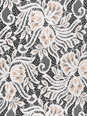 Re-Embroidered Stretch Lace with Finished Edges – Ivory and Appleblossom Beige Blossom Trios and Leaves – Tatiana Collection Re-Embroidered Stretch Lace with Finished Edges – Ivory and Appleblossom Beige Blossom Trios and Leaves – Tatiana Collection