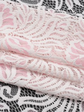 Re-Embroidered Stretch Lace with Finished Edges – Ivory and Roseate Pink Blossom Trios and Leaves – Tatiana Collection Re-Embroidered Stretch Lace with Finished Edges – Ivory and Roseate Pink Blossom Trios and Leaves – Tatiana Collection