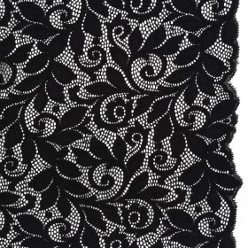 Stretch Re-Embroidered Lace with Finished Edges – Black Curling Leafy Stems Stretch Re-Embroidered Lace with Finished Edges – Black Curling Leafy Stems