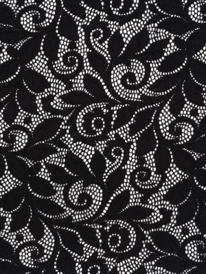 Stretch Re-Embroidered Lace with Finished Edges – Black Curling Leafy Stems Stretch Re-Embroidered Lace with Finished Edges – Black Curling Leafy Stems