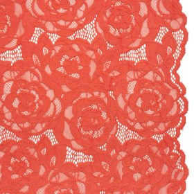 Stretch Re-Embroidered Lace with Finished Edges – Deep Sea Coral All-Over Roses Stretch Re-Embroidered Lace with Finished Edges – Deep Sea Coral All-Over Roses