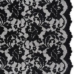 Stretch Raschel Lace with Finished Scalloped Edges – Black Flowers, Leaves and Swirls – Crina Collection Stretch Raschel Lace with Finished Scalloped Edges – Black Flowers, Leaves and Swirls – Crina Collection