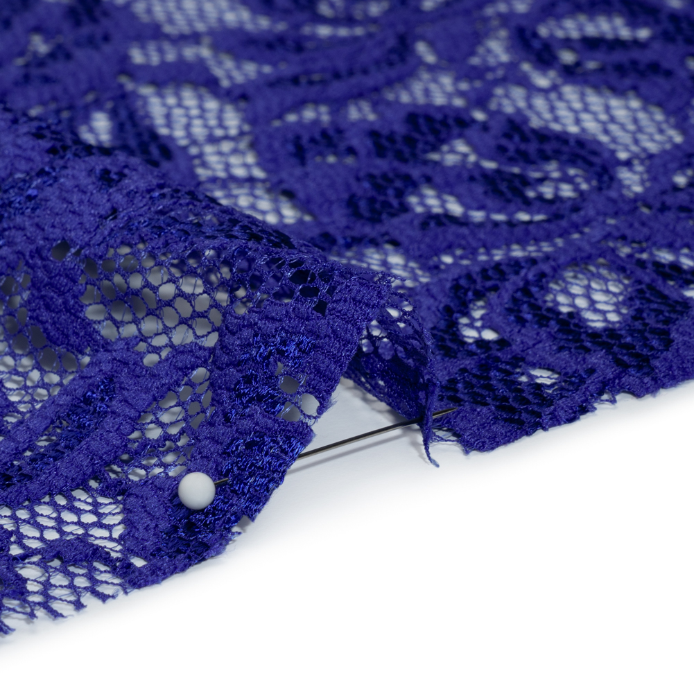Stretch Raschel Lace with Finished Edges - Royal Blue Blooming Petals