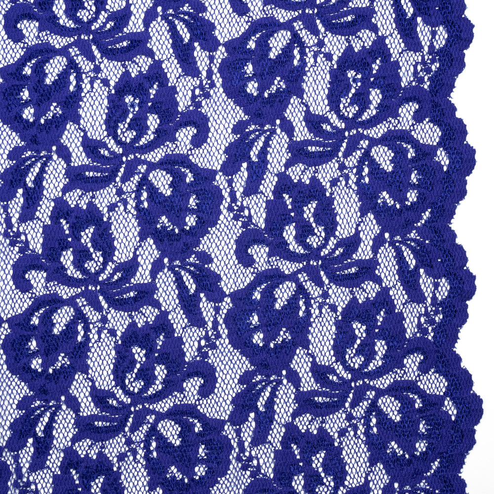 Stretch Raschel Lace with Finished Edges – Royal Blue Blooming Petals Stretch Raschel Lace with Finished Edges – Royal Blue Blooming Petals