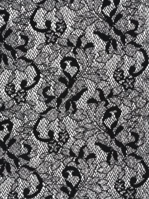 Stretch Raschel Lace with Finished Scalloped Edges – Metallic Silver and Black Flowers, Leaves and Swirls – Crina Collection Stretch Raschel Lace with Finished Scalloped Edges – Metallic Silver and Black Flowers, Leaves and Swirls – Crina Collection