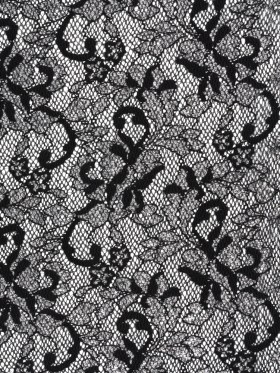 Stretch Raschel Lace with Finished Scalloped Edges – Metallic Silver and Black Flowers, Leaves and Swirls – Crina Collection Stretch Raschel Lace with Finished Scalloped Edges – Metallic Silver and Black Flowers, Leaves and Swirls – Crina Collection