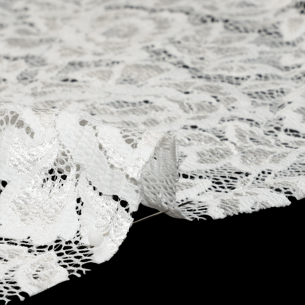 Luminous Recycled Stretch Raschel Lace with Finished Edges - Ivory Rose Blooms