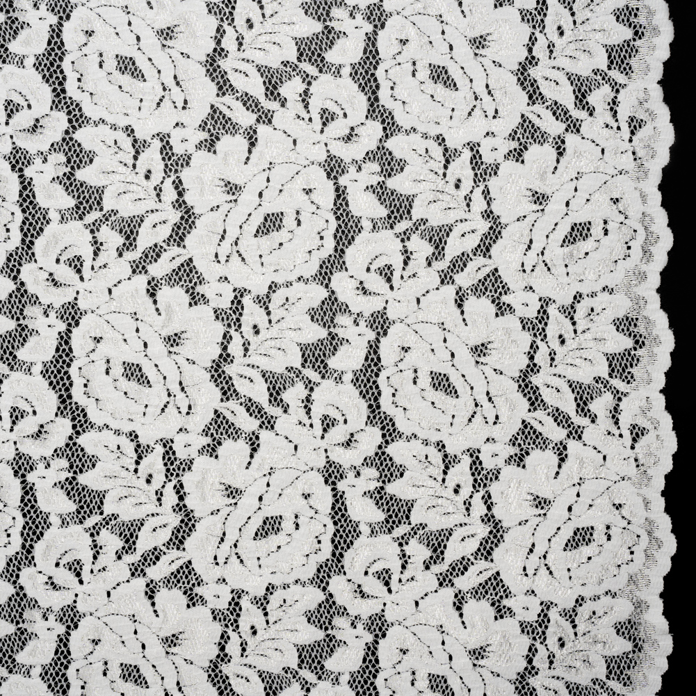 Luminous Recycled Stretch Raschel Lace with Finished Edges – Ivory Rose Blooms Luminous Recycled Stretch Raschel Lace with Finished Edges – Ivory Rose Blooms