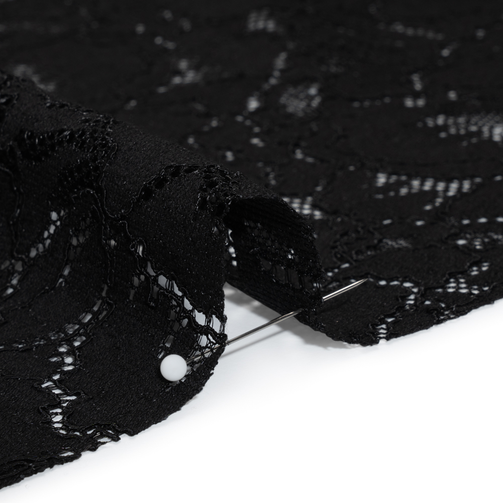 Stretch Corded Lace with Finished Edges - Black Bold Blooming Florals - Dania Collection