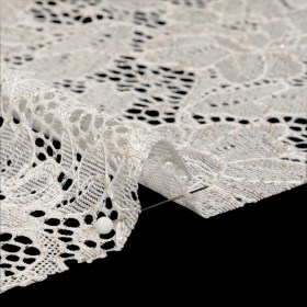 Stretch Corded Raschel Lace with All-Over Glitter – Candlelight Beige on White Floral Stretch Corded Raschel Lace with All-Over Glitter – Candlelight Beige on White Floral