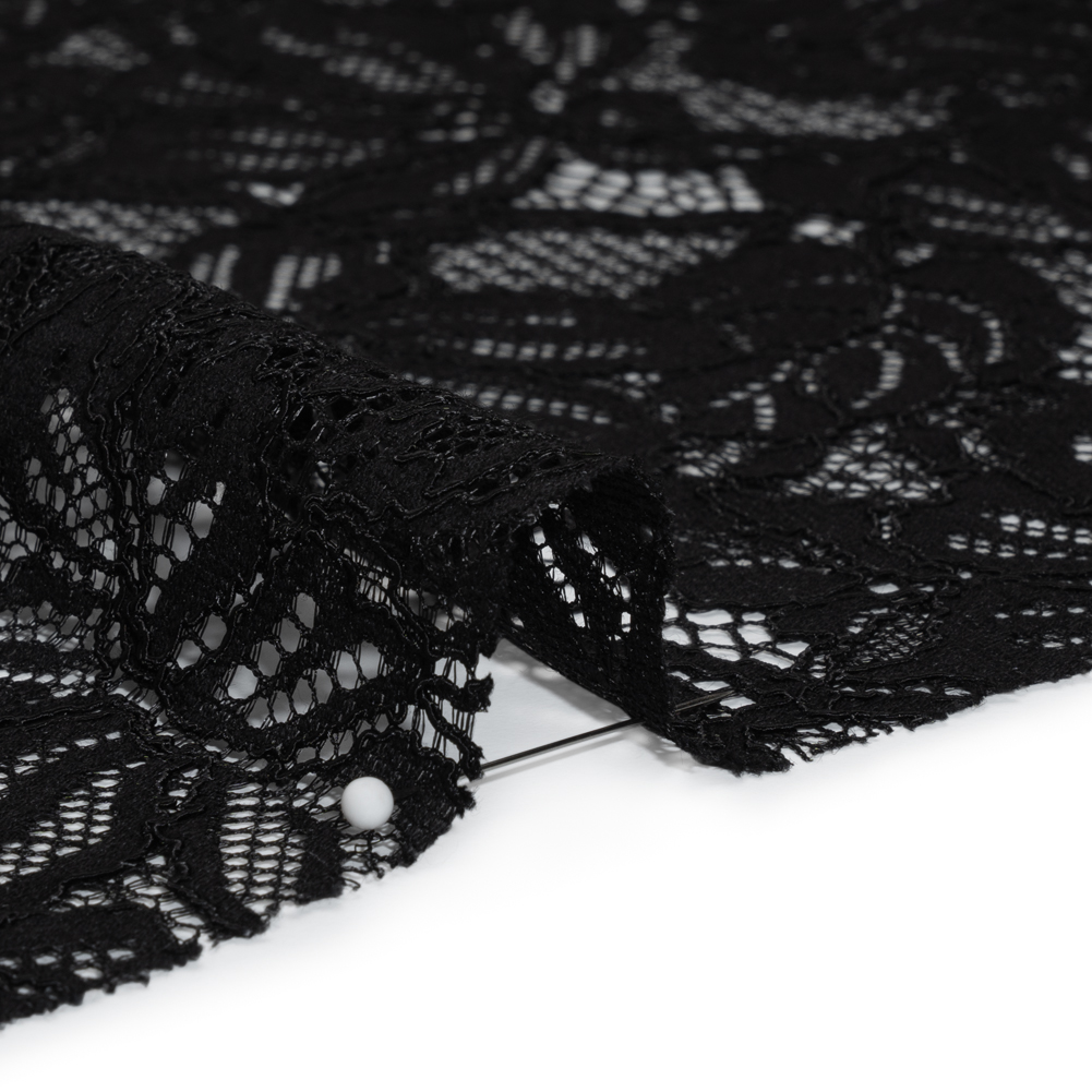 Stretch Corded Lace with Finished Edges - Black Tropical Blossoms - Ottilie Collection