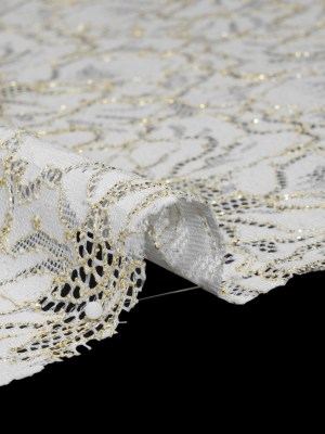 Stretch Metallic Corded Lace with Finished Edges – Ivory and Gold Bold Blooming Florals – Dania Collection Stretch Metallic Corded Lace with Finished Edges – Ivory and Gold Bold Blooming Florals – Dania Collection