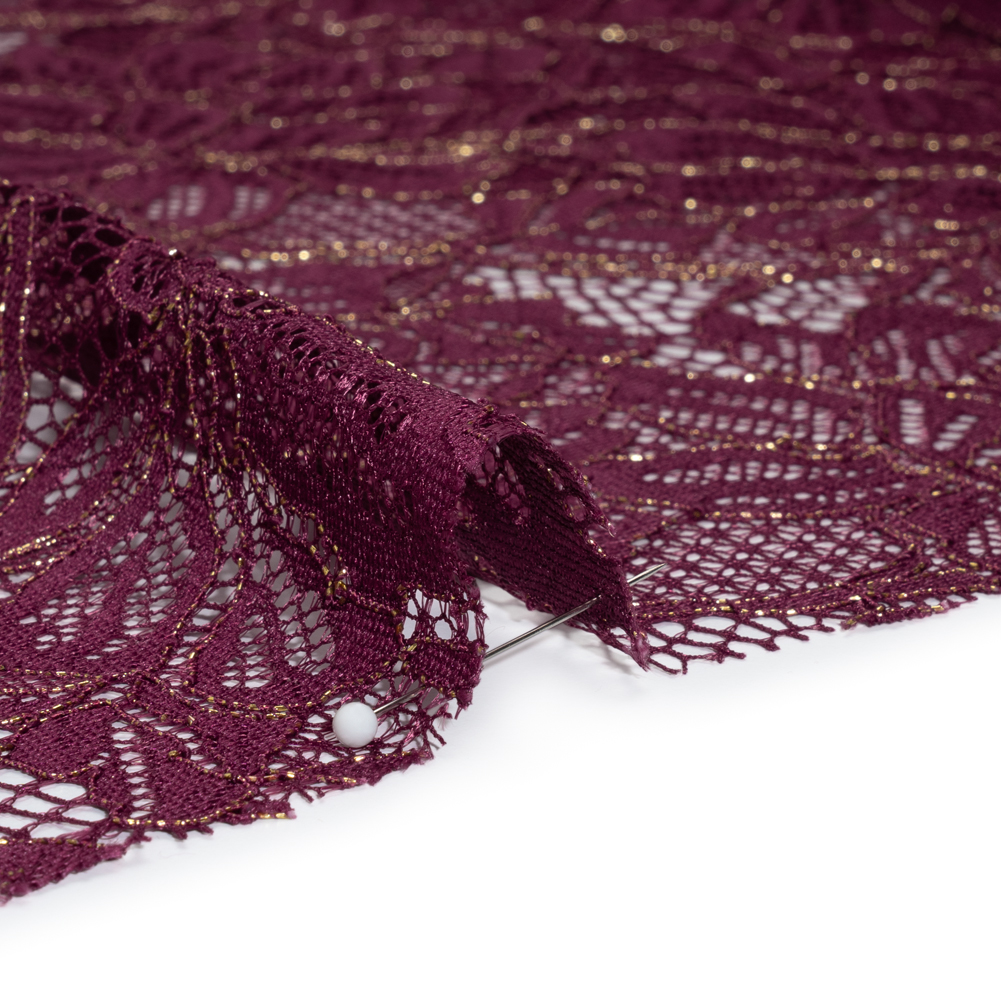 Stretch Metallic Corded Lace with Finished Edges - Dark Purple and Gold Tropical Blossoms - Ottilie Collection