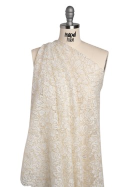 Stretch Metallic Corded Lace with Finished Edges – Ivory and Gold Tropical Blossoms – Ottilie Collection Stretch Metallic Corded Lace with Finished Edges – Ivory and Gold Tropical Blossoms – Ottilie Collection