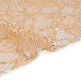 Stretch Metallic Corded Lace with Finished Edges – Linen Beige and Gold Tropical Blossoms – Ottilie Collection Stretch Metallic Corded Lace with Finished Edges – Linen Beige and Gold Tropical Blossoms – Ottilie Collection