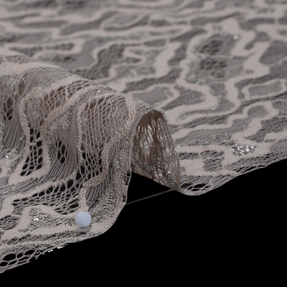 Metallic Raschel Lace Panel with Scalloped Fringed Edges - Silver, Sandstone and Taupe Abstract Squiggles