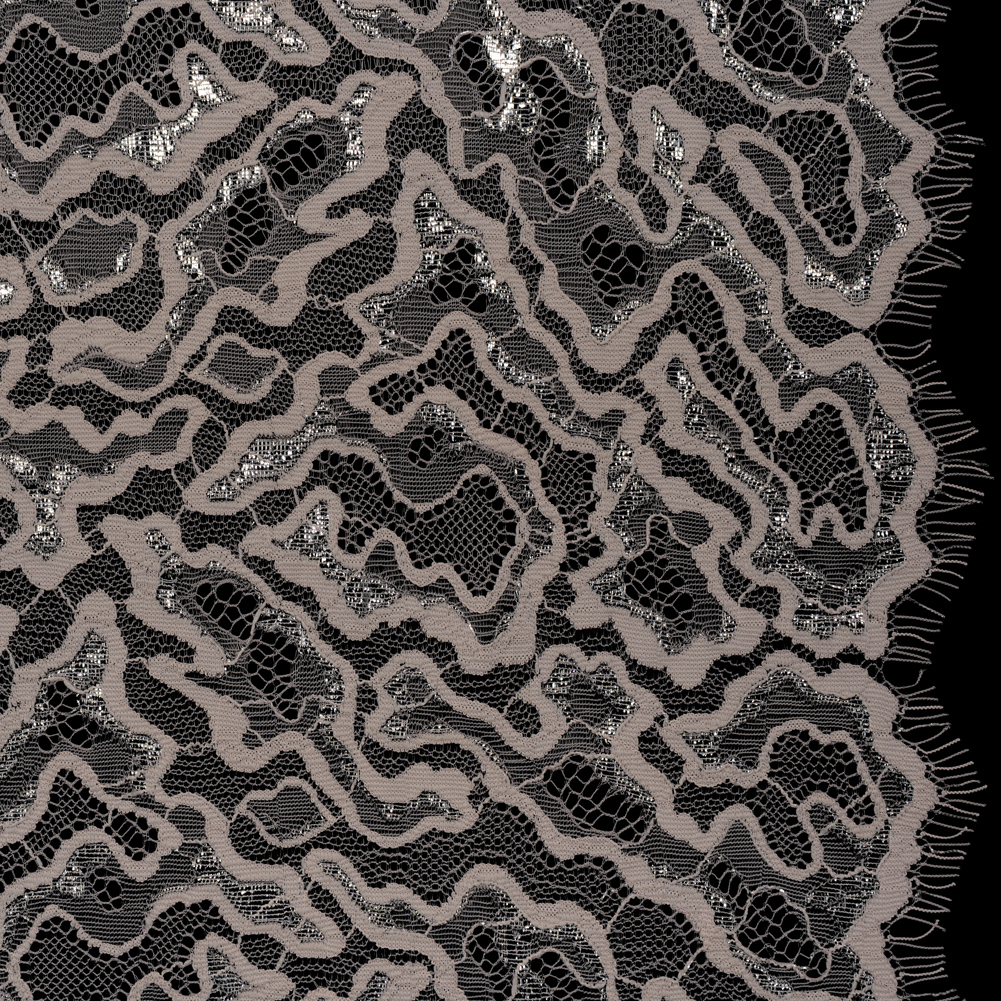 Metallic Raschel Lace Panel with Scalloped Fringed Edges – Silver, Sandstone and Taupe Abstract Squiggles Metallic Raschel Lace Panel with Scalloped Fringed Edges – Silver, Sandstone and Taupe Abstract Squiggles