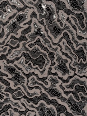 Metallic Raschel Lace Panel with Scalloped Fringed Edges – Silver, Sandstone and Taupe Abstract Squiggles Metallic Raschel Lace Panel with Scalloped Fringed Edges – Silver, Sandstone and Taupe Abstract Squiggles