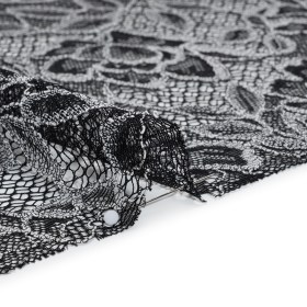 Corded Lace with Finished Edge – White on Black Sweeping Roses Corded Lace with Finished Edge – White on Black Sweeping Roses