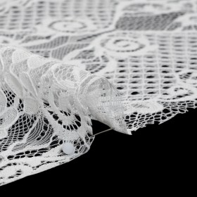 Re-Embroidered Raschel Lace with Scalloped Finished Edges – Ivory Leafy Swirls and Lattices Re-Embroidered Raschel Lace with Scalloped Finished Edges – Ivory Leafy Swirls and Lattices