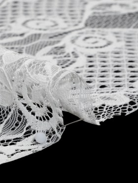 Re-Embroidered Raschel Lace with Scalloped Finished Edges – Ivory Leafy Swirls and Lattices Re-Embroidered Raschel Lace with Scalloped Finished Edges – Ivory Leafy Swirls and Lattices