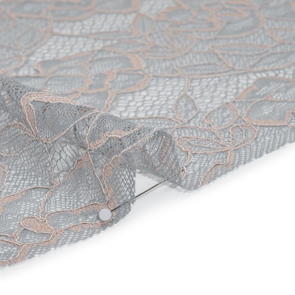 Corded Lace with Finished Edge - Seashell Pink on Dusty Blue Sweeping Roses