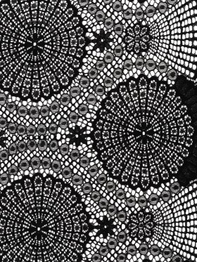 Nylon Raschel Lace Panel with Finished Scalloped Edges – Black Floral Medallions Nylon Raschel Lace Panel with Finished Scalloped Edges – Black Floral Medallions