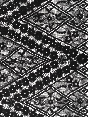 Cotton and Nylon Re-Embroidered Lace Panel with Finished Edges – Black Diamonds and Flowers Cotton and Nylon Re-Embroidered Lace Panel with Finished Edges – Black Diamonds and Flowers