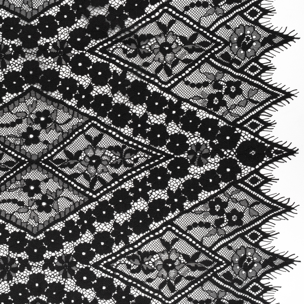 Cotton and Nylon Re-Embroidered Lace Panel with Finished Edges – Black Diamonds and Flowers Cotton and Nylon Re-Embroidered Lace Panel with Finished Edges – Black Diamonds and Flowers