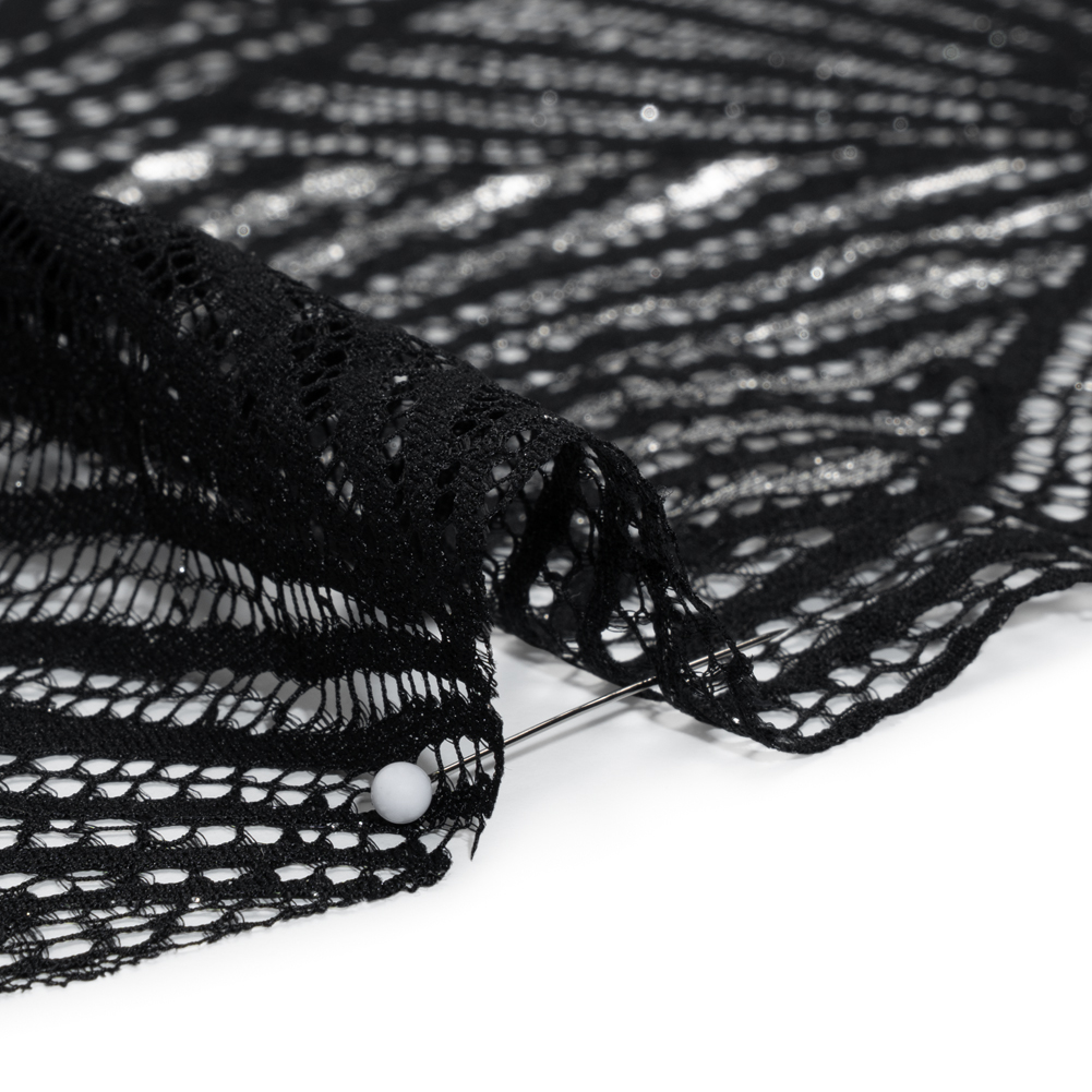 Metallic Lace Panel with Finished Edges - Silver and Black Geometric Starburst
