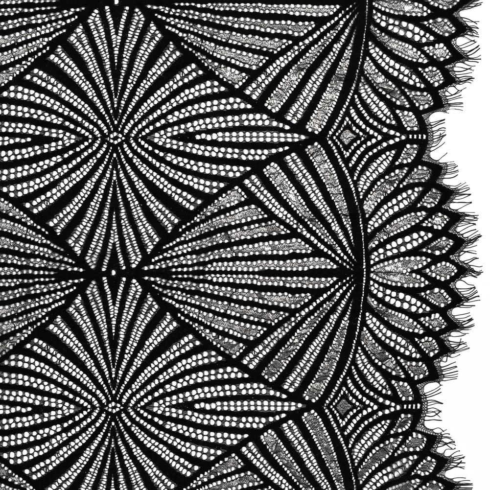 Metallic Lace Panel with Finished Edges – Silver and Black Geometric Starburst Metallic Lace Panel with Finished Edges – Silver and Black Geometric Starburst