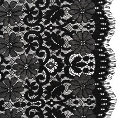 Rayon and Nylon Corded Lace with Scalloped Finished Edges – Black Flower and Dot Stripes Rayon and Nylon Corded Lace with Scalloped Finished Edges – Black Flower and Dot Stripes